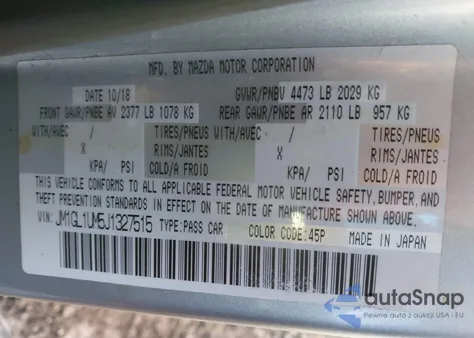 2018 Mazda Mazda6 Sport z USA, uszkodzony, nr VIN JM1GL1UM5J1327515